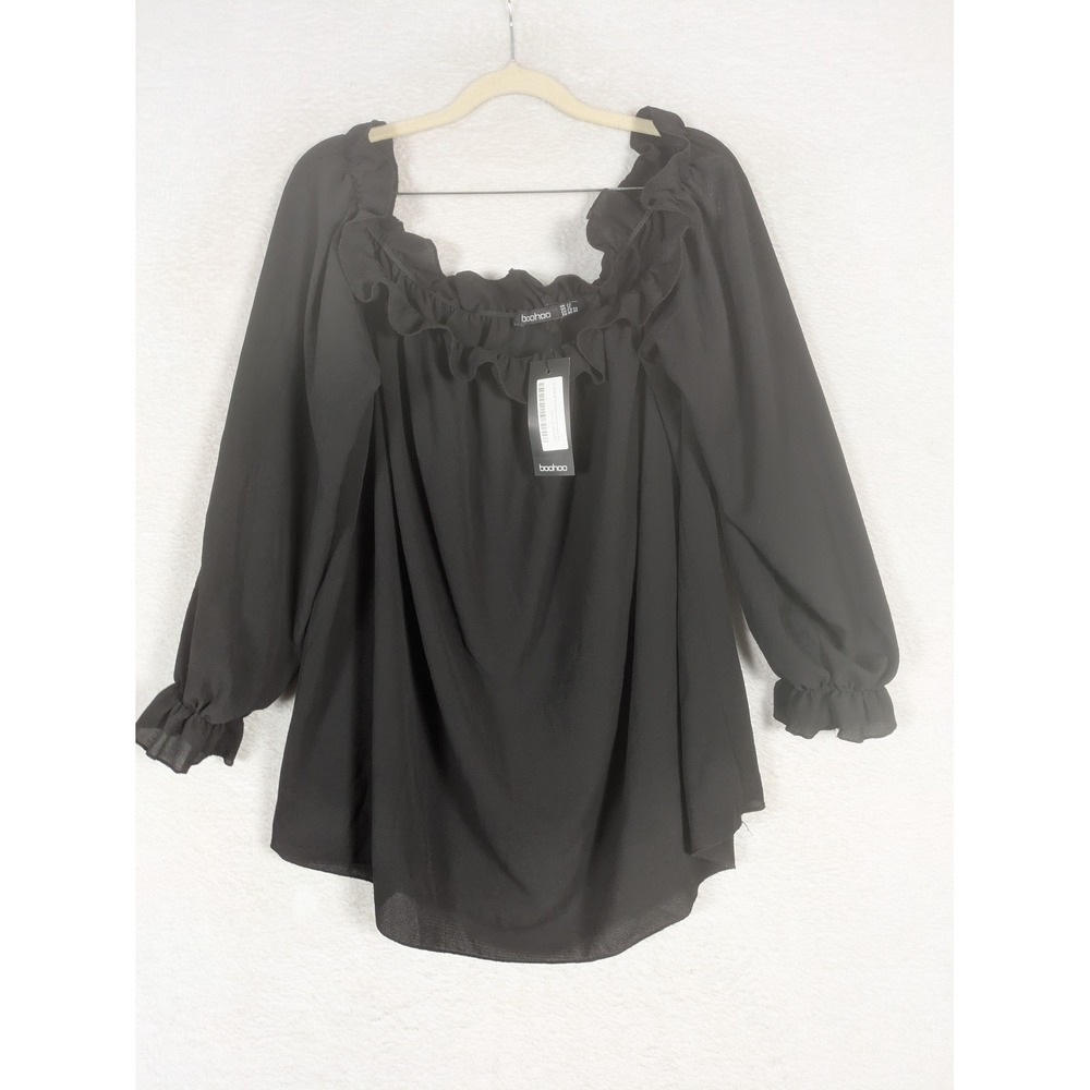 NEW Boohoo Smock Top Women's 18 Black Ruffle Bardot Off-Shoulder Long Sleeve